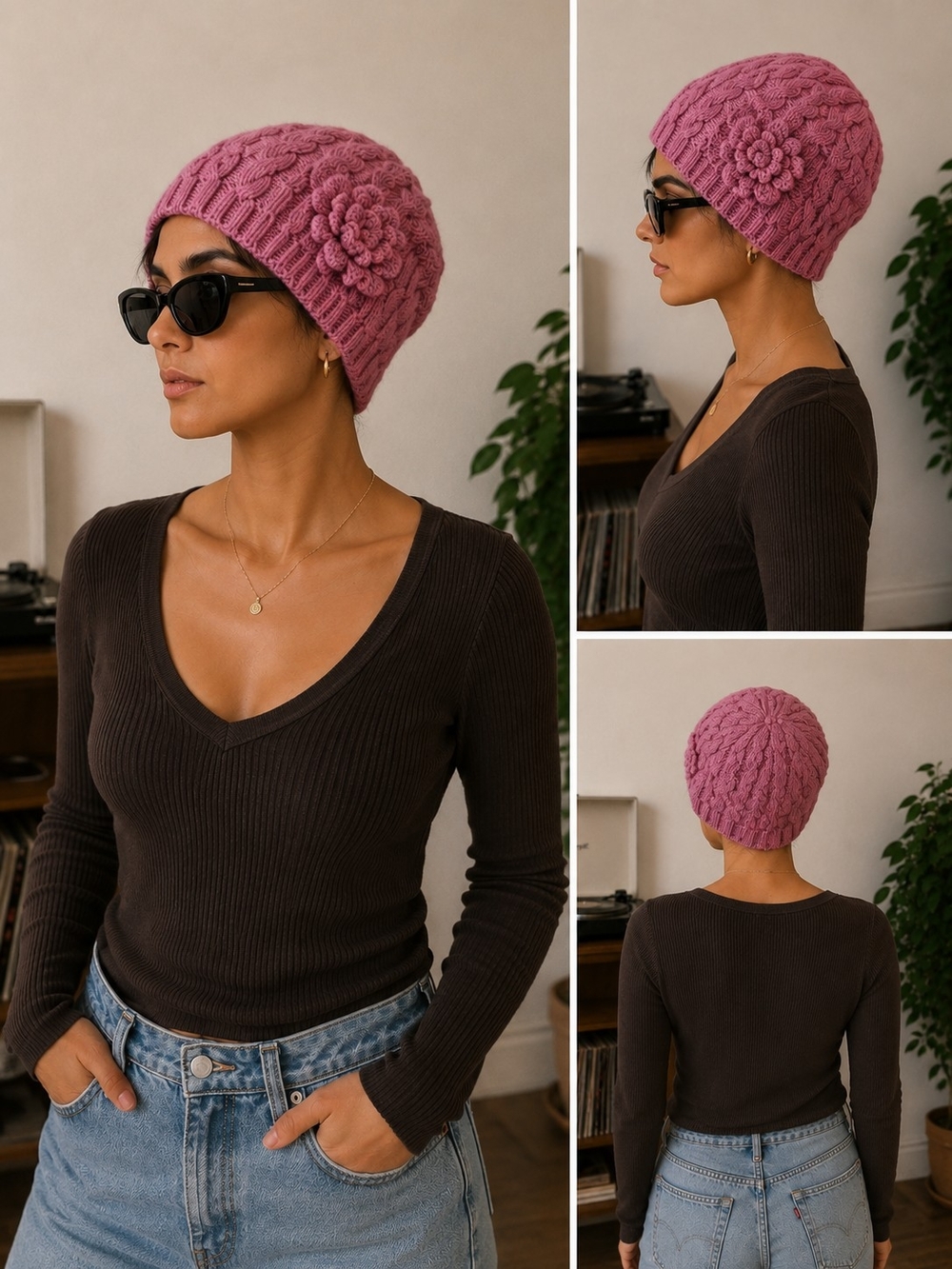 Knit Beanie Hat with Flower Accent - Pink
